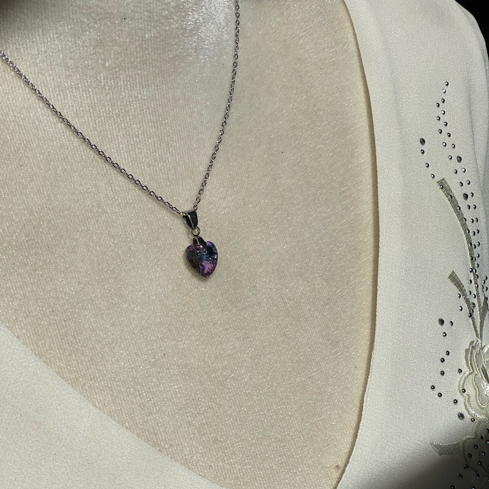 3/$16 Purple Glass Heart Necklace on Silvertone Stainless Steel Chain
